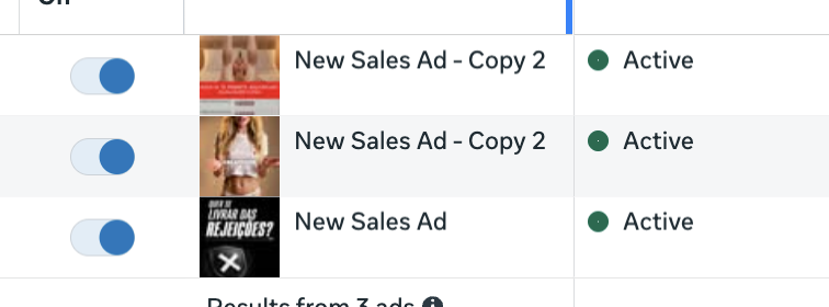 Ad manager screenshot showing an active ad in green