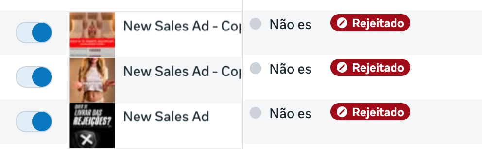 Ad manager screenshot showing a rejected ad in red