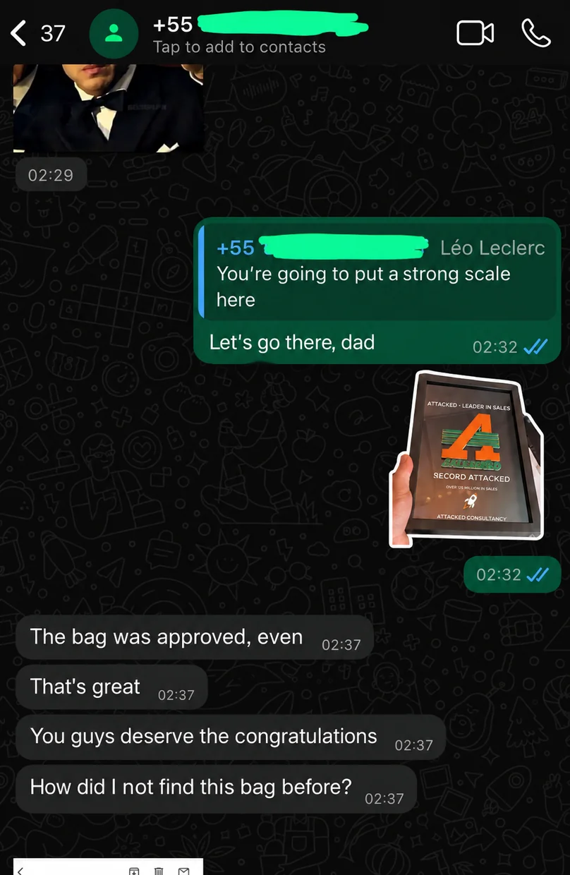 Client WhatsApp conversation about camouflaged creatives being approved