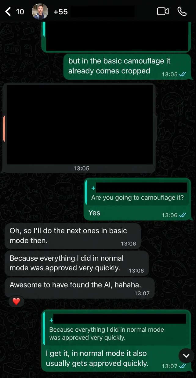 Client WhatsApp conversation: creatives approved quickly in normal mode
