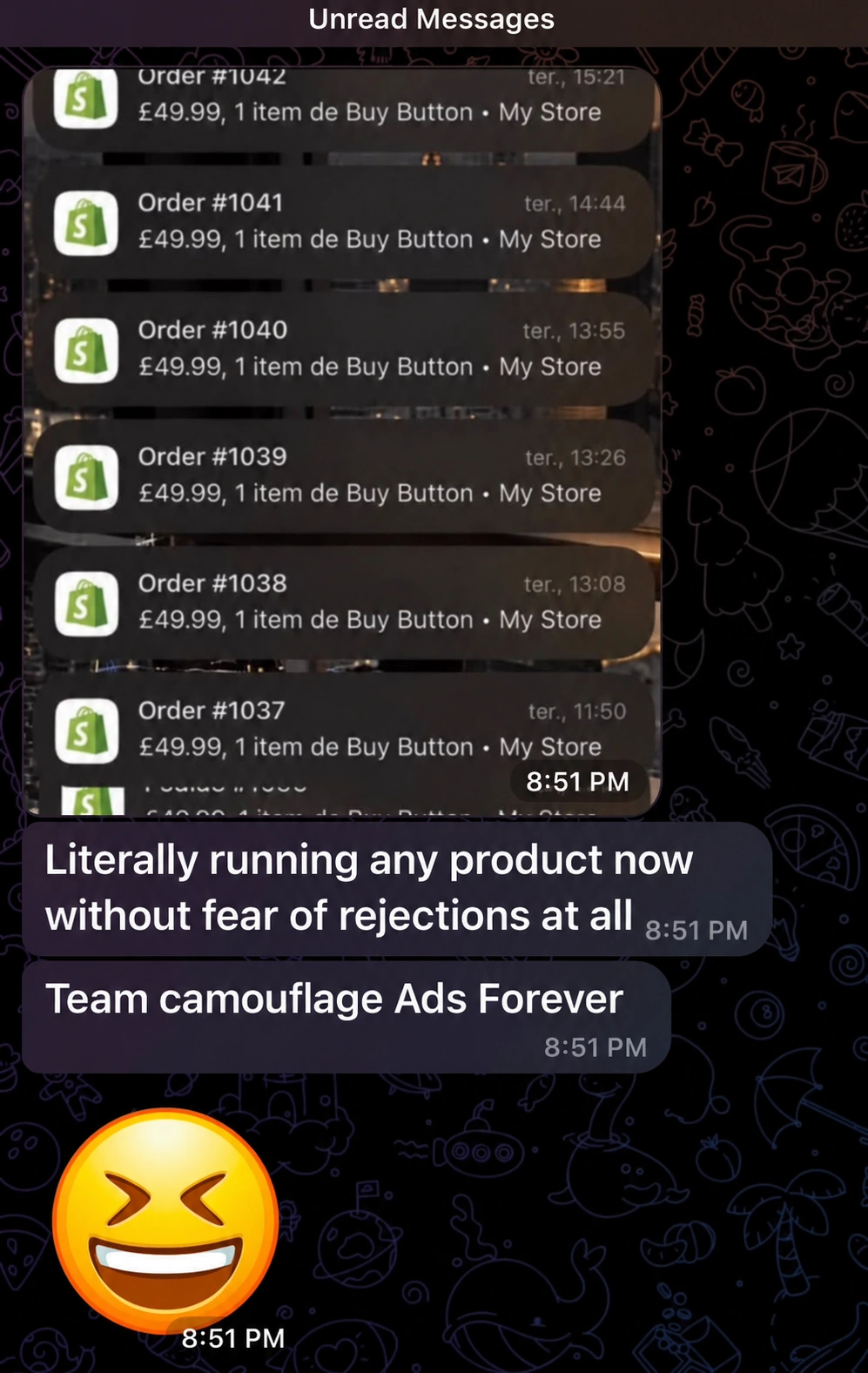 Customer message showing Shopify order notifications and feedback about Camouflage Ads